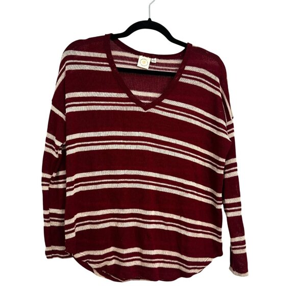 Live The Moment Striped V-Neck Sweater Burgundy Beige Sz Small Pullover Knitted - Picture 1 of 5